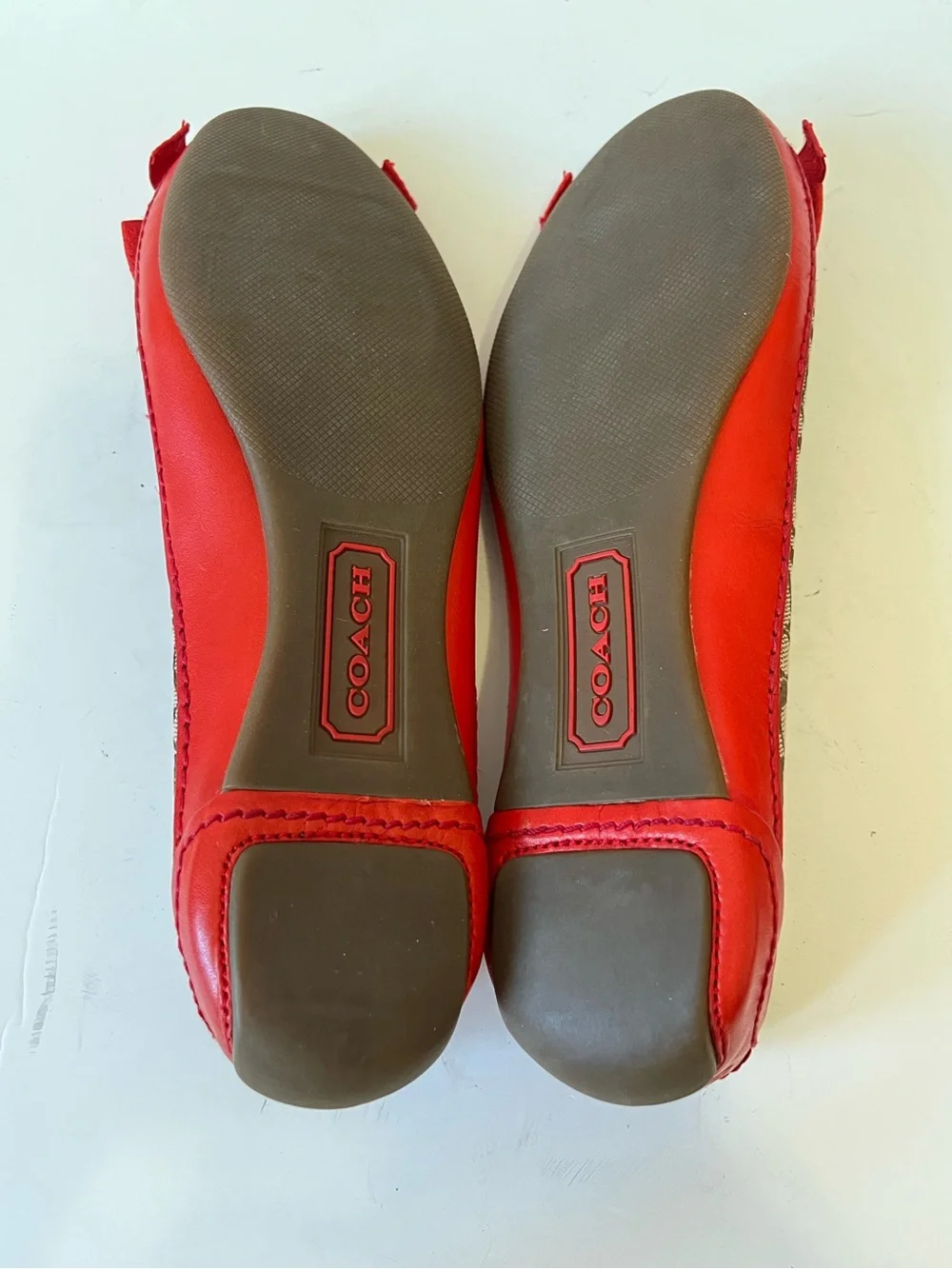Coach Brown Signature Canvas Ballet Flats with Red Trim & Bow size 8.5B